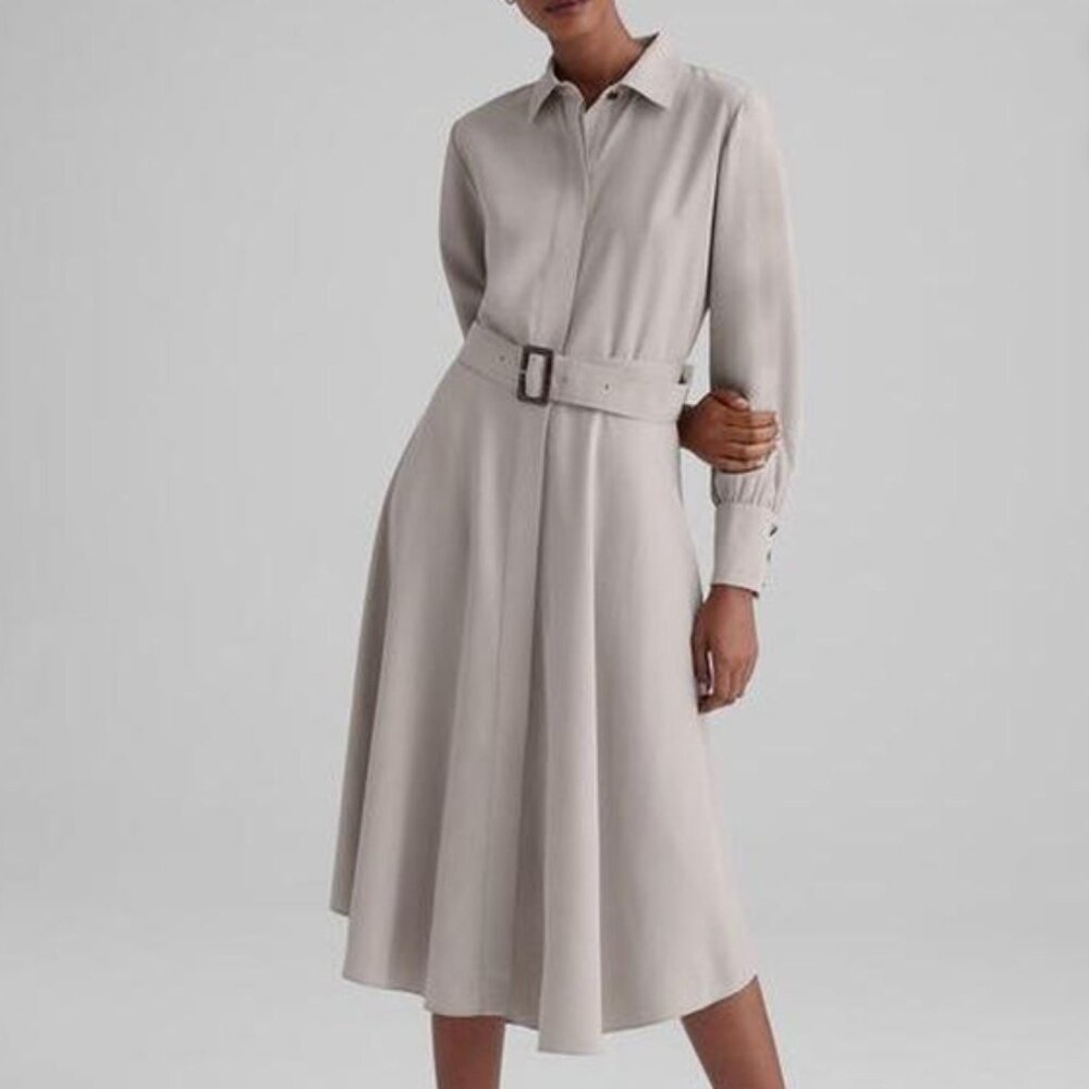 Club Monaco Belted Curved Hem Shirt Dress in Greige